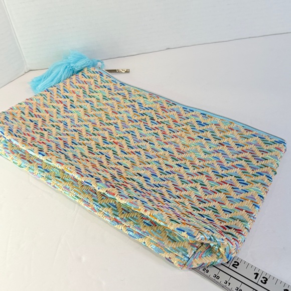 🆕 Lancome Luxe Woven Clutch – Aqua Tassel Zip Bag – Colorful Straw Weave 🆕 - Picture 6 of 16
